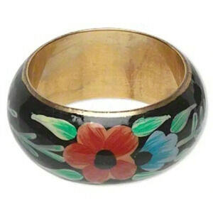Hand Painted 36mm Wide Brass Metal Bangle Bracelet Black and Multi Flower Design